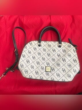 Dooney & Bourke White and Black Logo Dome Satchel with Gold Plaque
